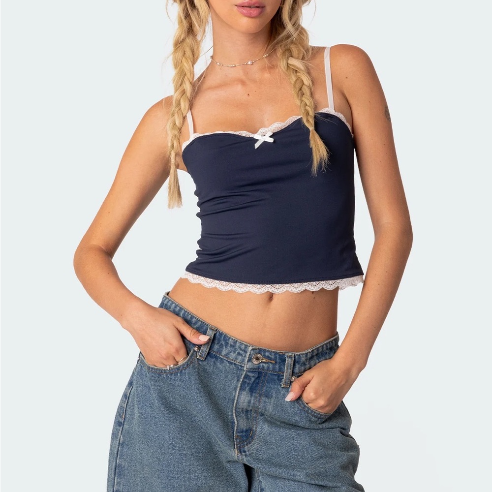 Edikted Dark Blue Cami with White Lace